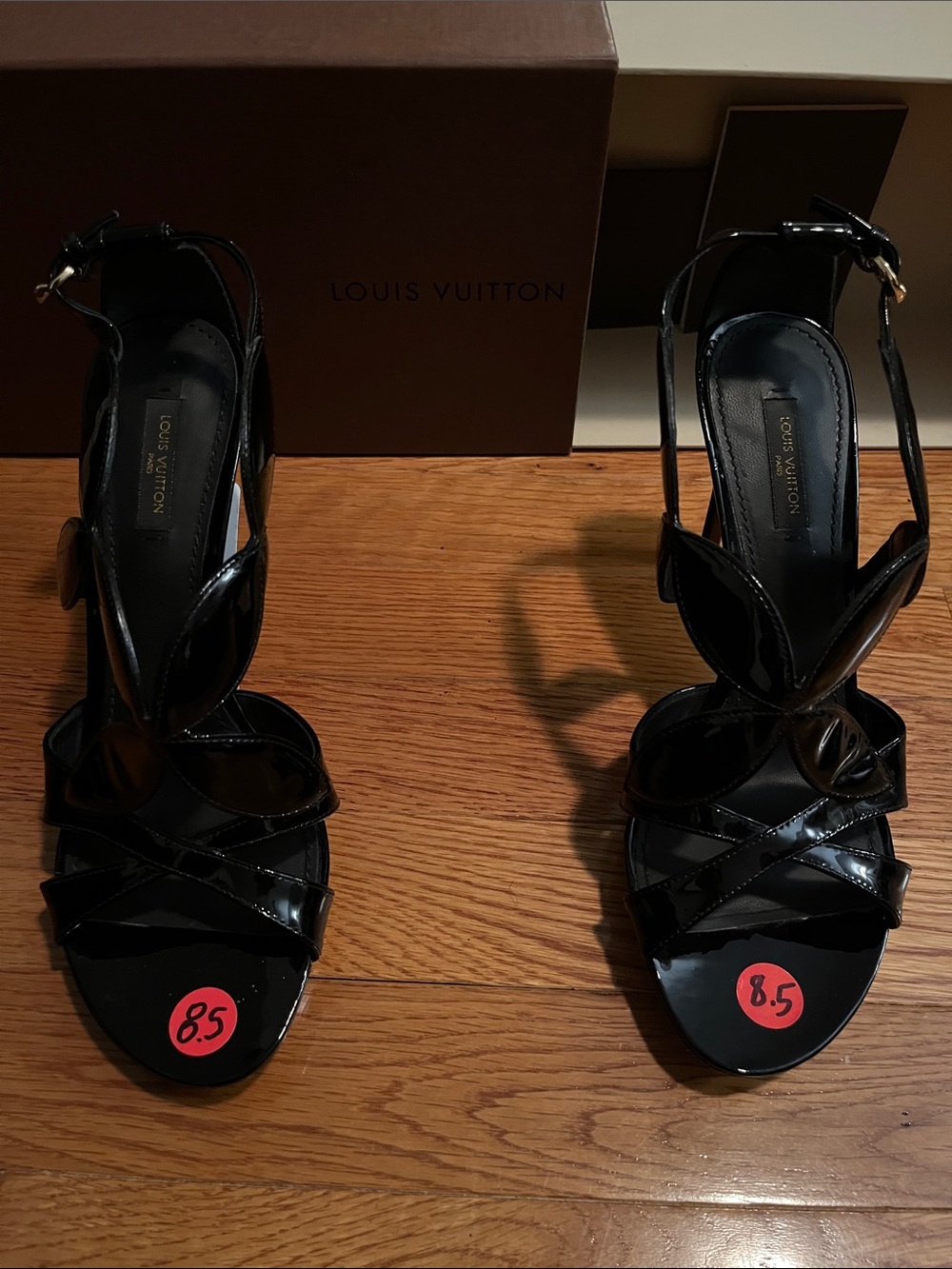 Louis Vuitton Black Patent Leather Floral Strappy Heels